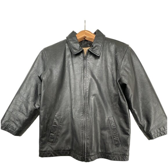Gap Kids Fine Leather Jacket Sz M Black Zip Y2k Vintage Quilted Lined Pockets